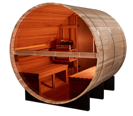 Golden Designs | "Zurich" 4 Person Barrel with Bronze Privacy View - Traditional Steam Sauna -  Pacific Cedar